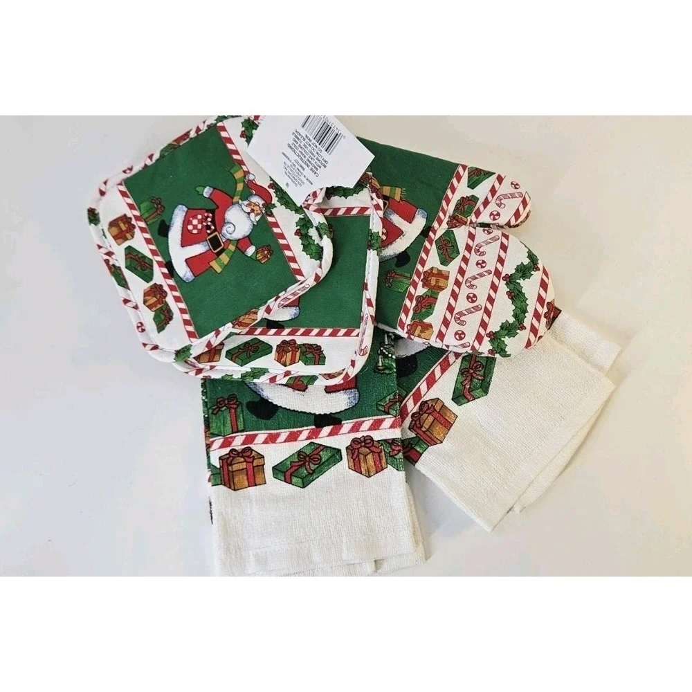 New‎ NWT Christmas Santa Themed Kitchen Oven Mitt Towel Pot Holders 5 Pc Cotton